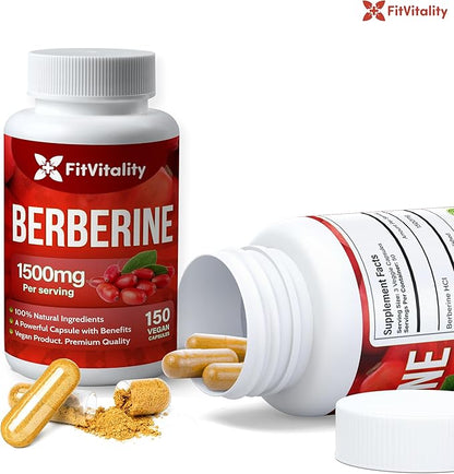 Premium Berberine Supplement, 150 Capsules – 50 Days Supply, 1500mg Berberine Per Serving, Berberine HCI, Made from 100% Pure & Natural Ingredients, Non-GMO, Gluten-Free.