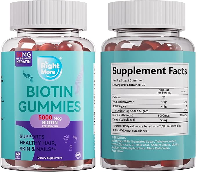 Biotin Gummies 5000mcg, Hair Skin & Nails Vitamins for Women& Men, Non-GMO, Gluten-Free, Vegetarian Chewable B7 Supplement for Hair Growth, Soluble Keratin 50 Mg Per Seving,60 Gummies