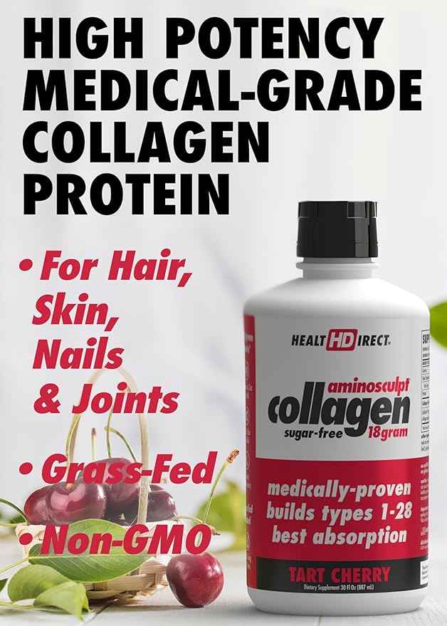 HEALTH DIRECT AminoSculpt Sugar-Free Collagen Supplement - High Potency Medical-Grade Protein for Hair, Skin, Nails & Joints, Grass-Fed, Non-GMO, Liquid Collagen - Tart Cherry - 15 Fl Oz
