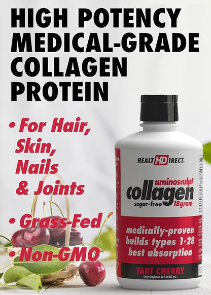 HEALTH DIRECT AminoSculpt Sugar-Free Collagen Supplement - High Potency Medical-Grade Protein for Hair, Skin, Nails & Joints, Grass-Fed, Non-GMO, Liquid Collagen - Tart Cherry - 15 Fl Oz