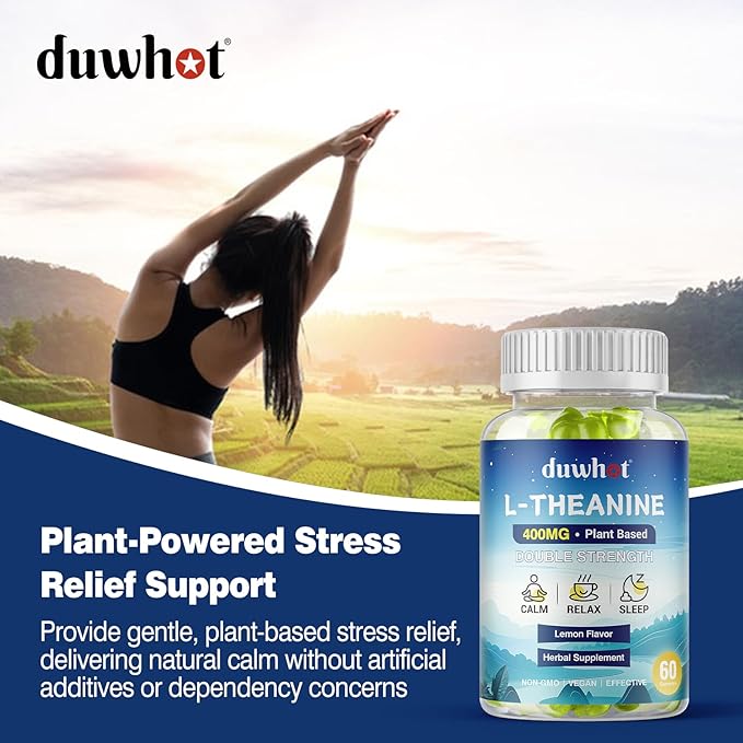 duwhot L Theanine Gummies, 200/400mg L-Theanine Supplement for Adults & Kids, Natural Stress Relief, Relaxation, Zzz & Focus Support Gummy, Organc,Vegan, Low Sugar,Non-Drowsy,Lemon Flavor,60 Chewables