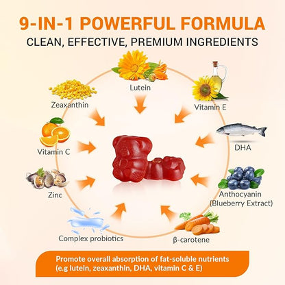 JulyDeer 2 Packs Lutein and Zeaxanthin Gummies Supplements Support Eye Health, 9 in 1 with 8mg Lutein & 1.6mg Zeaxanthin, Eye Support | Non-GMO, Vegan | Sweet Orange Flavor | 120 Gummies