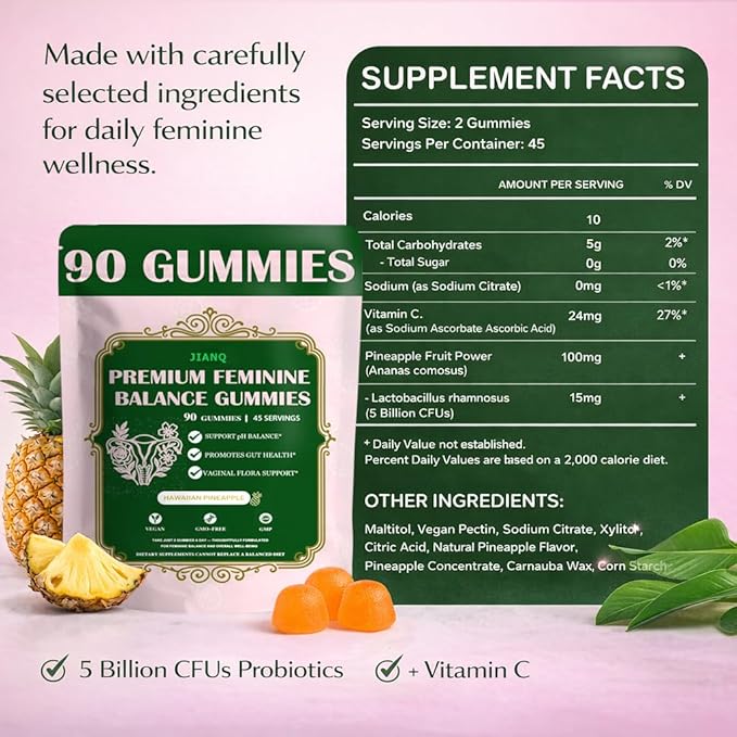 Premium Feminine Balance Gummies for Women - pH Balance Support & Vaginal Probiotic with Hawaiian Pineapple Flavor, Vegan, Gluten-Free – 90 Gummies (45 Servings)