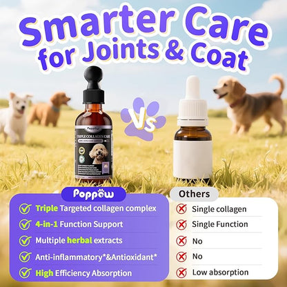 POPPAW Collagen for Dogs - 12-in-1 Liquid Collagen for Skin & Coat Support, Hip & Joint with Types I, II & III Drops, Hyaluronic Acid, Green-Lipped Mussel - Chicken Flavor, 2 FL Oz