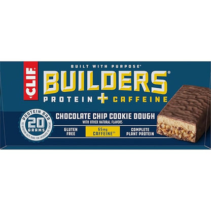 CLIF BUILDERS + Caffeine Protein Bars - Chocolate Chip Cookie Dough Flavor - 20g Plant Based Protein - Gluten Free - Non-GMO - Low Glycemic - No Artificial Sweeteners - 2.4 oz. (12 Pack)