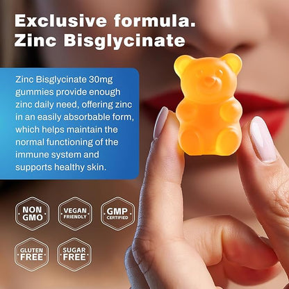 Zinc Glycinate 30 mg Gummies, Chewable Zinc Supplement for Women & Men, with Vitamin C, D3 & B6, Quercetin, Immune System Support, Skin Health & Antioxidant, Natural Fruit Flavor, 60 Ct