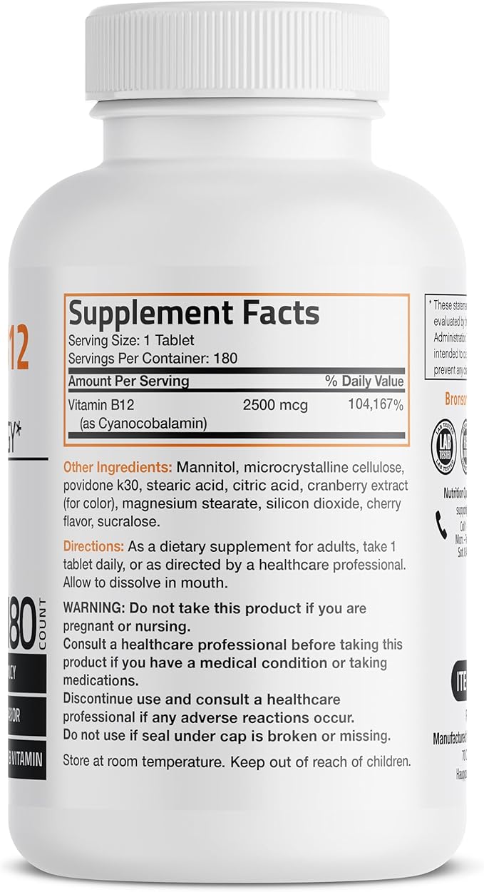 Vitamin B12 2500mcg Shot Of Energy Fast Dissolve Chewable Tablets - Quick Release Cherry Flavored Sublingual B12 Vitamin - Supports Nervous System, Healthy Brain Function Energy Production – 180 Count