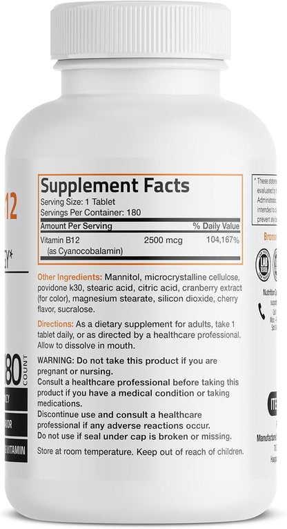 Vitamin B12 2500mcg Shot Of Energy Fast Dissolve Chewable Tablets - Quick Release Cherry Flavored Sublingual B12 Vitamin - Supports Nervous System, Healthy Brain Function Energy Production – 180 Count