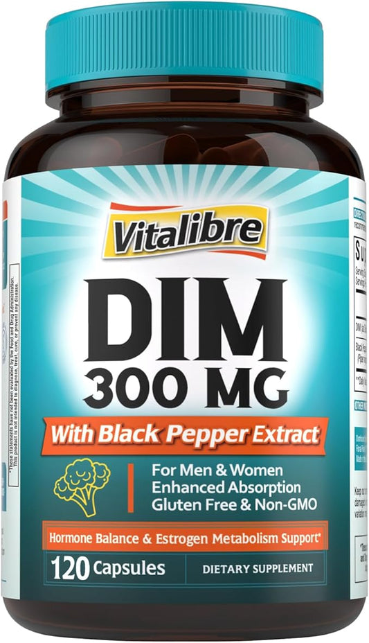DIM Supplement for Women & Men, Estrogen Metabolism, Hormone Balance & Menopause Support, DIM 300 mg with Black Pepper Extract, High Absorption, 120 Capsules