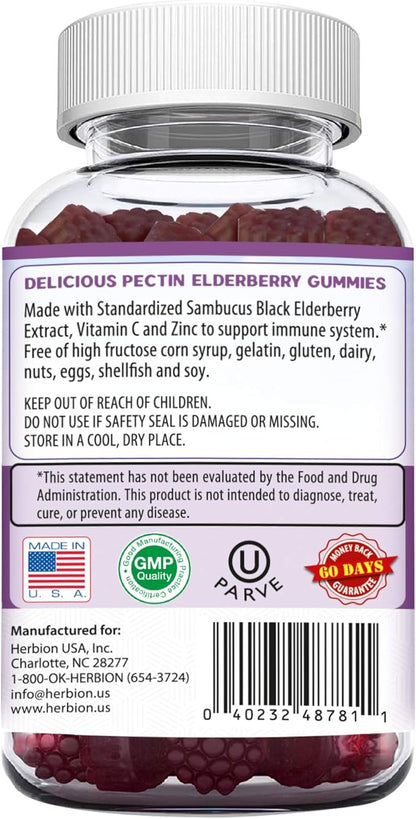 HERBION Elderberry Gummies with Vitamin C & Zinc, Healthy Immune System Support, Gluten-Free & Gelatin-Free, 60 Gummies for Adults & Children 4 Years & Above, Made in USA, Pack of 4