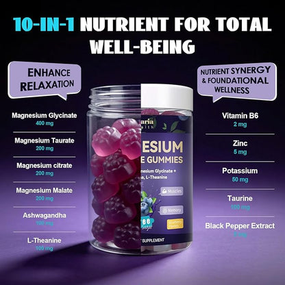 Magnesium Glycinate Gummies 400mg - Magnesium Complex Gummy with Malate, Taurate & Citrate - Supports Sleep, Relaxation, Brain & Muscle - 60 Count Blueberry Flavor (Sugar Free & Vegan)
