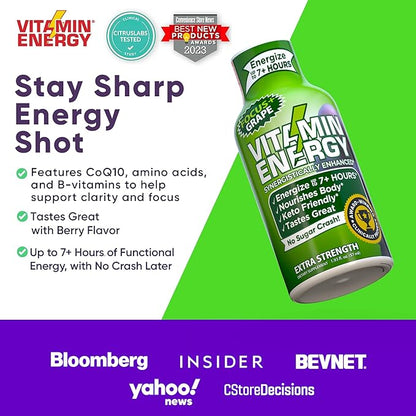 Vitamin Energy Focus+ Extra Strength Energy Shot Grape 12 Pack, 260mg Natural Caffeine, B-Vitamins, CoQ10, Amino Acids, Focus, Productivity & Clarity, Zero Sugar, Gluten-Free, 1.93 fl oz