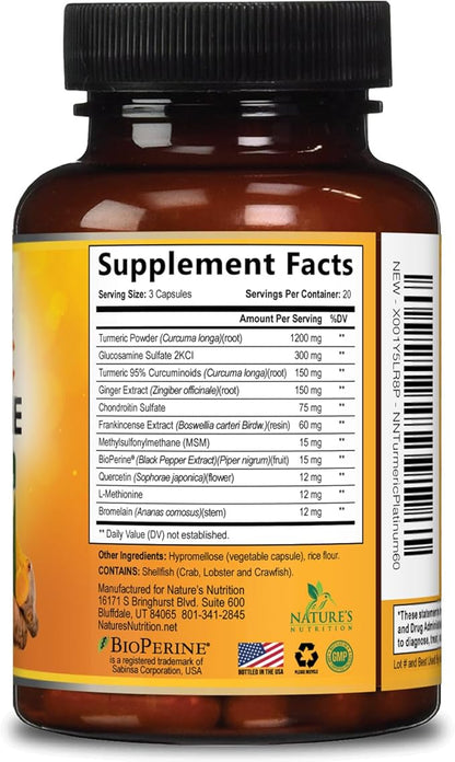 Turmeric Curcumin Supplement - 95% Curcuminoids with Glucosamine, Ginger & MSM, BioPerine Black Pepper Extract for Best Absorption, Natural Vegan Joint Support, Non-GMO, Bottled in USA - 60 Capsules
