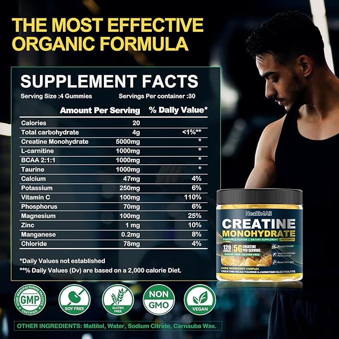Health4All Creatine Monohydrate Gummies 5g for Men & Women, Creatine Gummy for Strength Energy & Muscle Growth Support Pre-Workout Supplement - Pineapple 120 Gummy