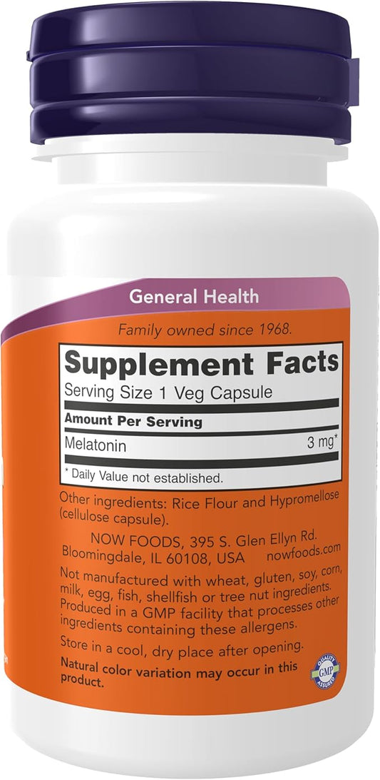 NOW Foods Supplements, Melatonin 3 mg, Free Radical Scavenger*, Healthy Sleep Cycle*, 60 Veg Capsules