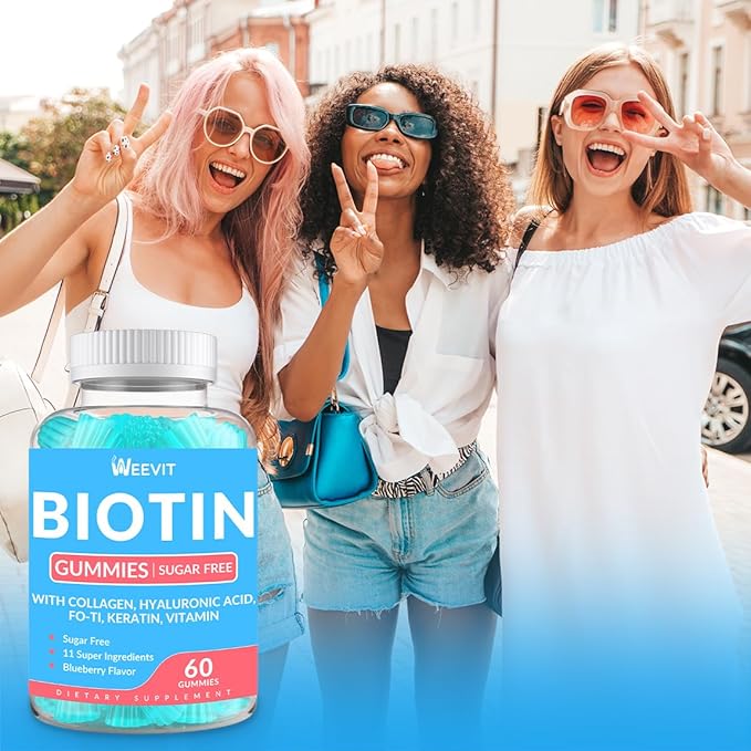 WEEVIT Sugar-Free Biotin Gummies, Biotin and Collagen Gummies with Keratin, Hyaluronic Acid for Women & Men | Hair Growth, Glowing Skin & Strong Nails | Vitamin B7 Supplement, Non-GMO, Chewable