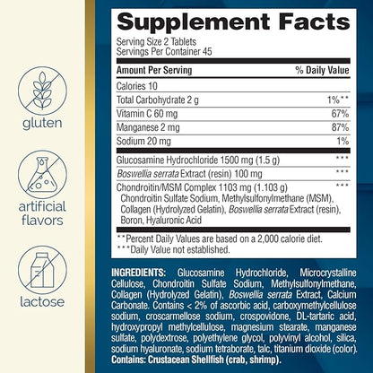 Nature's Wonder Triple Strength Glucosamine Chondroitin with MSM and Hyaluronic Acid and Boswellia for Joint Health, Supports Joint Flexibility and Mobility, 45 Day Supply, 90 Tablets