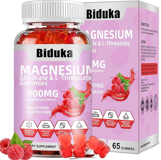 900mg Magnesium Glycinate Gummies, 65 Count, Sugar Free Magnesium Complex with L-Threonate, Potassium, Vitamin D, B6, CoQ10 Supplement for Relaxation, Raspberry Flavor