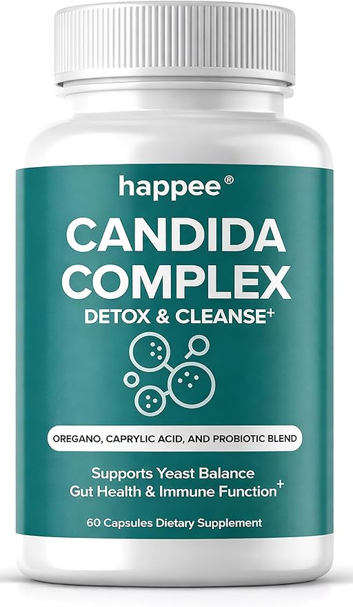 Happee Candida Complex Supplement – Candida Cleanse for Overgrowth Support – Caprylic Acid, Oregano & Probiotics for Yeast Balance, Gut & Immune Support – 60 Caps