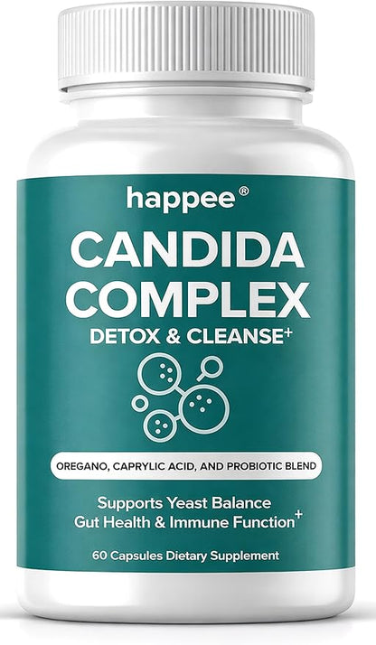 Happee Candida Complex Supplement – Candida Cleanse for Overgrowth Support – Caprylic Acid, Oregano & Probiotics for Yeast Balance, Gut & Immune Support – 60 Caps