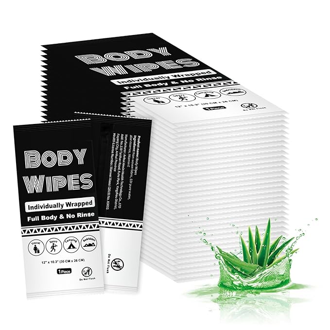 Individually Wrapped Body Wipes Bulk Bath Wipe, Women Men Large Adult Disposable Body Shower Wipes No Rinse-Free Bathing Cloths Wipe for Outdoors After Gym Camping Travel (50, Black, 12 x 10.3 in)