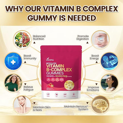 VivoNu Vitamin B Complex Gummies, 6000 mcg Methylated Vitamin B12, with B6 B1, B2, B3, B5, B7, Methylfolate, Vitamins A C D E, Vegan, Non GMO, Methylated B Complex Vitamin (3 Bag)