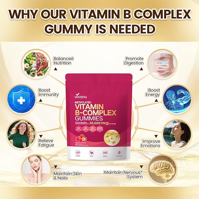 VivoNu Vitamin B Complex Gummies, 6000 mcg Methylated Vitamin B12, with B6 B1, B2, B3, B5, B7, Methylfolate, Vitamins A C D E, Vegan, Non GMO, Methylated B Complex Vitamin (4 Bag)