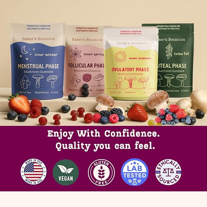 Period ovulatory & PMS Support Supplement for Women – Hormone Balance + 4-Phase Menstrual Cycle Kit | Vegan Functional Mushroom Gummies by Baker’s Botanics (Pack of 6)(30 Gummies)