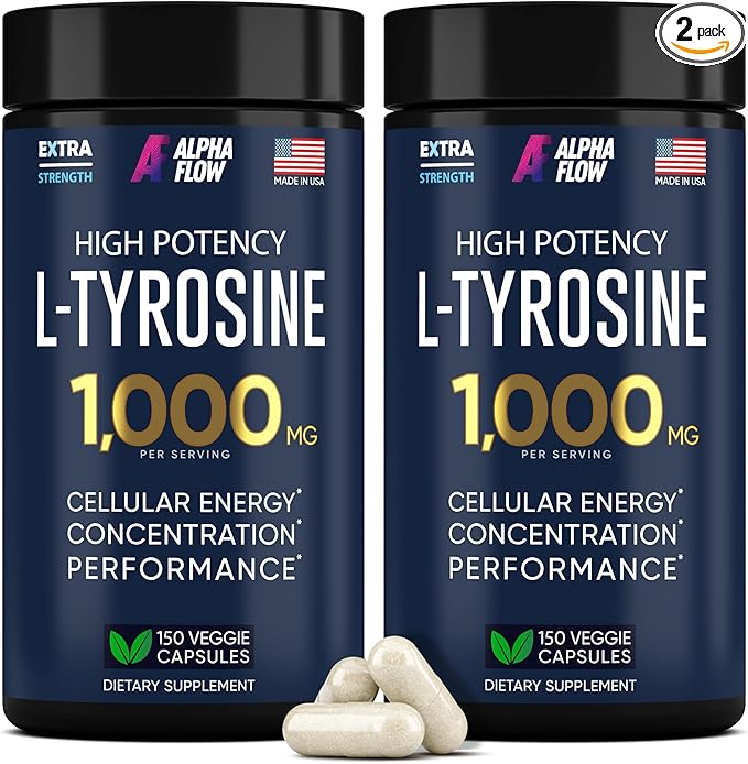 [2 Pack] L-Tyrosine 1000MG Capsules - Natural L Tyrosine Supplement for Kids & Adults - Energy Boost and Brain Supplement - 2x the potency of L-Tyrosine 500mg capsules - 300 Vegan LTyrosine Capsule