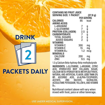 Juven Therapeutic Nutrition Drink Powder Including Collagen Peptides, Amino Acids, and HMB for Wound Healing Support, Orange, 30 Packets,(Pack of 2)