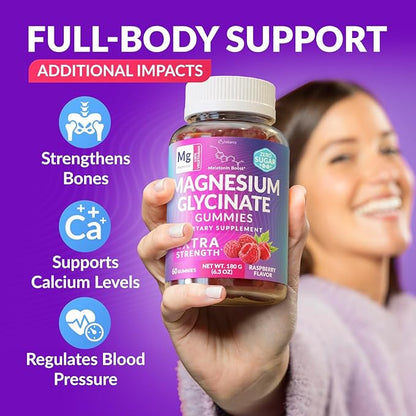 Magnesium Glycinate Gummies 400mg, Muscle Support and Relaxation, Magnesium Supplement for Women, Men and Kids, High Absorption, Sugar Free, Vegan, 60 Days Supply, Raspberry Flavor