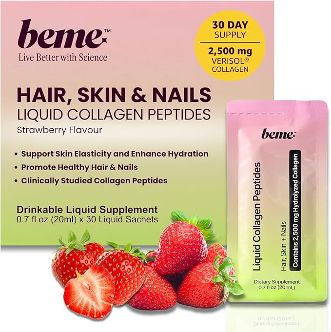 BeMe Liquid Collagen for Women — 2,500mg Hydrolyzed Bovine VERISOL Collagen Peptides Drink — Biotin, CoQ10 & Vitamin C Collagen Supplement for Hair, Skin & Nails — Strawberry, 30 Sachets