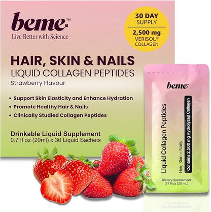 BeMe Liquid Collagen for Women — 2,500mg Hydrolyzed Bovine VERISOL Collagen Peptides Drink — Biotin, CoQ10 & Vitamin C Collagen Supplement for Hair, Skin & Nails — Strawberry, 30 Sachets