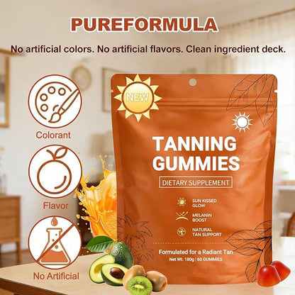 2026 New Tanning Gummies for Women, Tanning Gummies That Work Fast Without Sun, Enhances Natural Tan, Natural Looking Glow, Bronzing, Non-GMO, Vegan & Sugar Free - 60 Count (1 Pack)