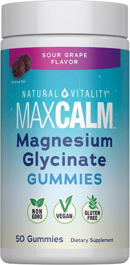 Natural Vitality Calm Magnesium Glycinate Gummies | Soup Grape Flavor | Non-GMO, Vegan & Gluten Free Supplement | 50 Count