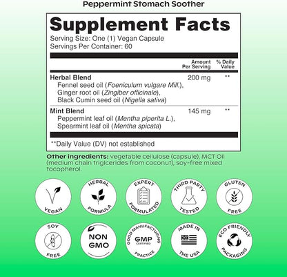 wholier Peppermint Oil, Ginger Root Oil for Bloating Relief, Nausea Relief, Upset Stomach Relief + Gut Health. Daily Herbal Supplement. Peppermint Stomach Soother. (60 Vegan Capsules) Glass Bottle