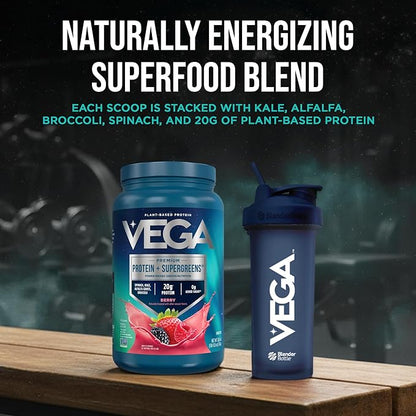 Vega Protein + Supergreens - 20g Plant-Based Protein, Berry, 26 Servings, Real Greens & Veggies, Vegan Keto, 0g Added Sugar, Non-GMO, Gluten Free, Dairy Free, 1.7lbs (Packaging May Vary)