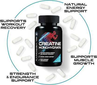 Creatine Monohydrate 3000mg Per Serving - 3X Strength Micronized Creatine Powder - Supports Lean Muscle, Strength, Energy, & Endurance - All Natural Supplement, Non-GMO, Bottled in USA - 60 Capsules