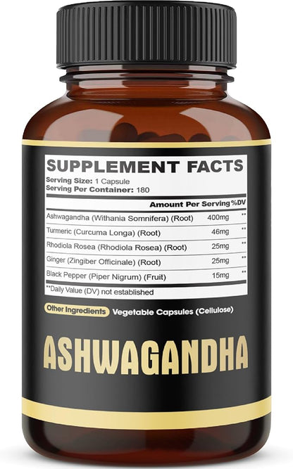 5in1 Premium Ashwagandha Capsules - Added Turmeric, Rhodiola Rosea, Ginger, Black Pepper - 180 Caps for 6 Months