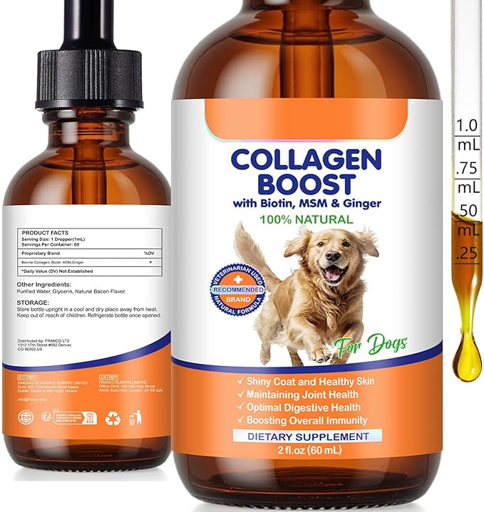 Liquid Collagen for Dogs, Dog Joint Supplements, Skin and Coat Supplement, Dry and Itchy Skin Relief, Support Digestive Health, Dog Collagen Drops with Biotin, MSM, Ginger, Bacon Flavor