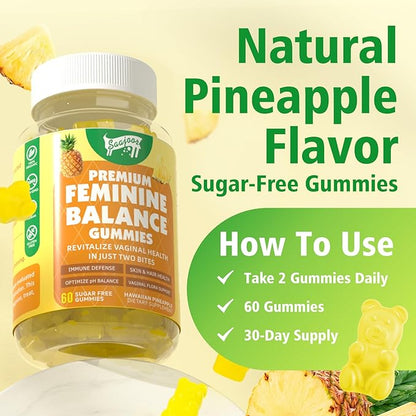 Premium Feminine Balance Gummies for Women's Immune Health, Hawaiian Pineapple Gummies Support pH Balance & Immune Support, Vegan, Gluten-Free, 60 Gummies ﻿