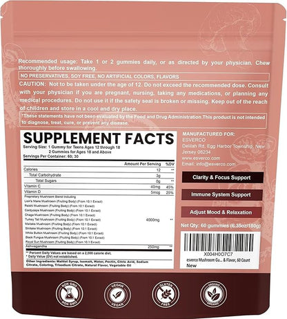 Lions Mane Mushroom Gummies with Ashwagandha, 4000mg 10-Mushroom Complex & 250mg Ashwagandha, Cognitive Support, Mood, Brain Health & Memory, Energy, Reishi, Cordyceps, Turkey Tail, Chaga, 60 Count