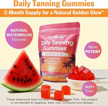 Daily Tanning Gummies - Natural Sun-Free Glow - with L-Tyrosine & Beta-Carotene to Enhance Tan, Nourish & Protect Skin, Watermelon Flavor, 60 Count