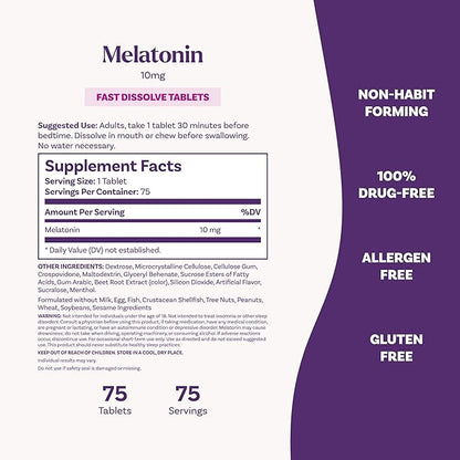 Natrol Melatonin 10mg Fast Dissolve Tablets - Strawberry Flavor, 75 Count, Sleep Support, Fast Dissolve Melatonin for Adults, 75-Day Supply