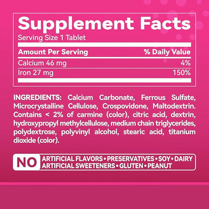 Inner Brightness Iron Supplement, Iron 27mg Iron Supplement for Women, 100 Tablets, 100 Day Supply, Daily for Adults, Red Blood Cell Support, Gentle on Stomach
