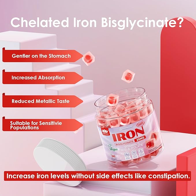 LILICARE Vegan Iron Supplement for Women 25mg, Sugar Free Iron Gummies with Vitamin C, Methy B12, Folate for Energy Boost, Iron Deficiency, No After Taste, Peach Flavor - 60 Count (Pack of 2)