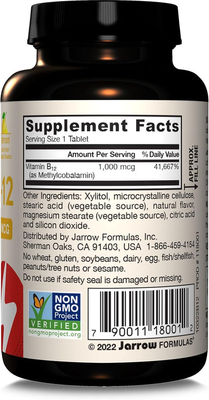 Jarrow Formulas Extra Strength Methyl B-12, Dietary Supplement for Cellular Energy Production, 100 Lemon-Flavored Chewable Tablets, Up to a 100 Day Supply, Pack of 12