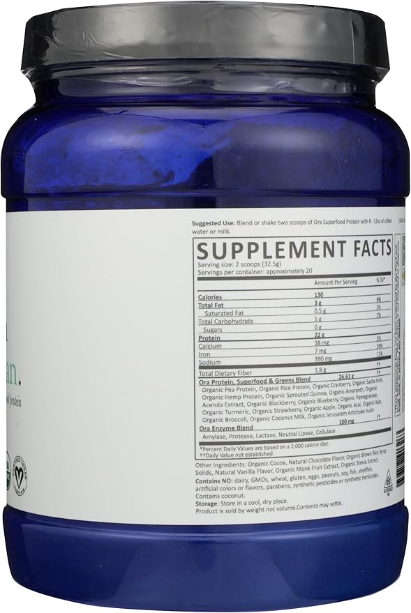 Ora Organic Vegan Protein Powder - 23g Plant Protein for Women and Men - Chocolate Flavor 20 Servings, Bloat-Free, Gluten Free, Non-GMO, No Artificial Sweeteners