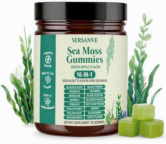 Sea Moss Gummies 16-in-1, with Black Seed Oil, Ashwagandha & Elderberry | Organic Irish Sea Moss Supplement for Men & Women | Daily Support with Manuka, Burdock Root & Vitamins C & D3, 30 Gummies