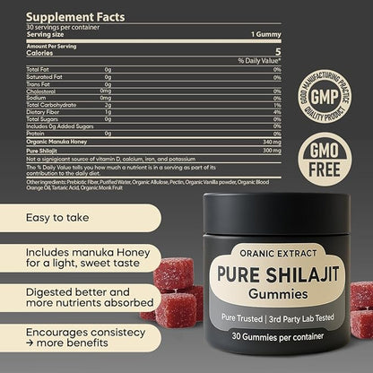 Shilajit Gummies–Himalayan Source 9000mg, Energy & Immune Support for Men & Women, Fulvic Acid + 85 Trace Minerals, Manuka Honey Flavor, Organic, Non-GMO, 30 Vegan Gummies